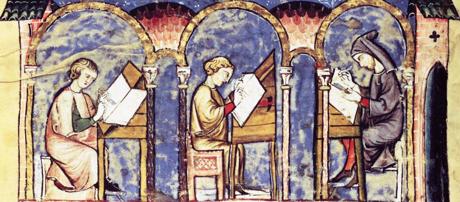 Three monks in a scriptorium